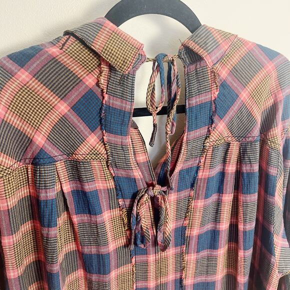 Free People Plaid Wild Side Tunic Flannel Size Medium Pink Brown - Picture 8 of 11